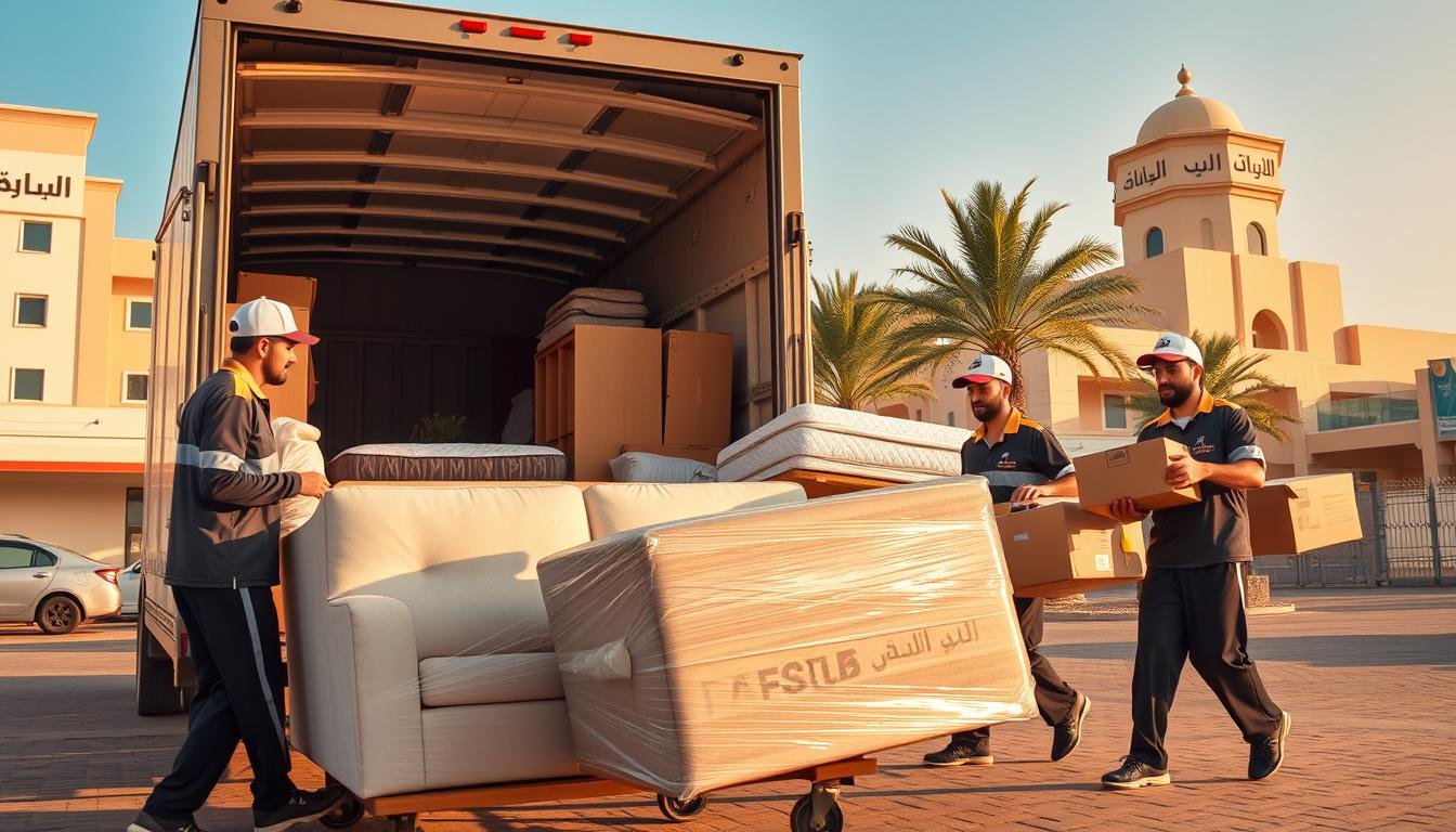 A bustling scene of professional furniture movers diligently transporting a variety of household items in Jazan, Saudi Arabia. The workers, clad in uniforms, expertly navigate through the city streets, maneuvering heavy sofas, cabinets, and mattresses with coordinated teamwork. The warm, golden-hued lighting casts a welcoming glow, and the background features a blend of modern buildings and traditional architecture, reflecting the unique character of Jazan. The overall atmosphere conveys the reliable and efficient service of a premier furniture moving company, catering to the needs of the local community.