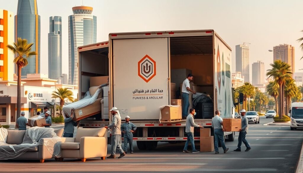 A bustling street in Jazan, Saudi Arabia, where a team of professional home furniture movers carefully load a truck with an array of household items. In the foreground, the movers meticulously wrap and secure sofas, armchairs, and dressers, ensuring a safe and damage-free transport. The middle ground features the company's logo and branding prominently displayed on the side of the truck, conveying a sense of reliability and expertise. In the background, the vibrant cityscape of Jazan unfolds, with towering buildings and lush greenery creating a picturesque setting. The scene is illuminated by warm, natural lighting, casting a welcoming and efficient atmosphere. The overall composition captures the seamless coordination and expertise of the furniture moving company, showcasing their commitment to providing exceptional service to the residents of Jazan. A bustling street in Jazan, Saudi Arabia, where a team of professional home furniture movers carefully load a truck with an array of household items. In the foreground, the movers meticulously wrap and secure sofas, armchairs, and dressers, ensuring a safe and damage-free transport. The middle ground features the company's logo and branding prominently displayed on the side of the truck, conveying a sense of reliability and expertise. In the background, the vibrant cityscape of Jazan unfolds, with towering buildings and lush greenery creating a picturesque setting. The scene is illuminated by warm, natural lighting, casting a welcoming and efficient atmosphere. The overall composition captures the seamless coordination and expertise of the furniture moving company, showcasing their commitment to providing exceptional service to the residents of Jazan.