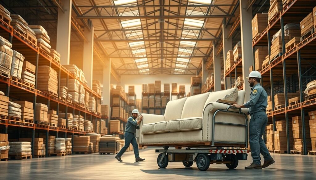 Elegant and expansive Arabic-style warehouse, illuminated by warm natural light. Sturdy wooden shelves and crates hold an array of carefully packaged furniture pieces. In the foreground, a group of uniformed, attentive movers expertly load a sofa onto a specialized transport cart. Surrounding them, a spacious, well-organized facility with high ceilings and a backdrop of the vibrant Jazan cityscape. Convey a sense of professionalism, efficiency, and a commitment to safeguarding valuable home furnishings. Elegant and expansive Arabic-style warehouse, illuminated by warm natural light. Sturdy wooden shelves and crates hold an array of carefully packaged furniture pieces. In the foreground, a group of uniformed, attentive movers expertly load a sofa onto a specialized transport cart. Surrounding them, a spacious, well-organized facility with high ceilings and a backdrop of the vibrant Jazan cityscape. Convey a sense of professionalism, efficiency, and a commitment to safeguarding valuable home furnishings.